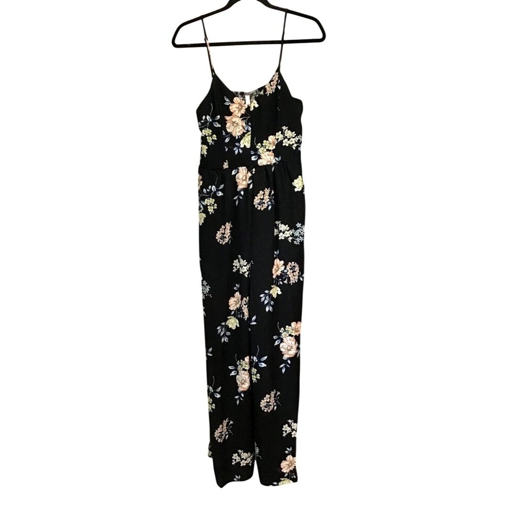 XHILARATION WOMENS BLACK FLORAL PULLOVER WIDE LEG STRAPPY JUMPSUIT SIZE MEDIUM